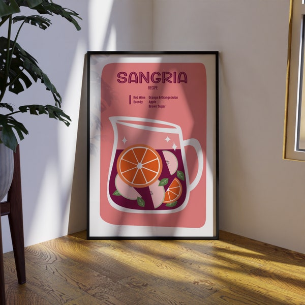 Affiche déco summer Cocktail Sangria - Poster illustration recette - Téléchargement instantané - Typographie aesthetic - Minimaliste retro