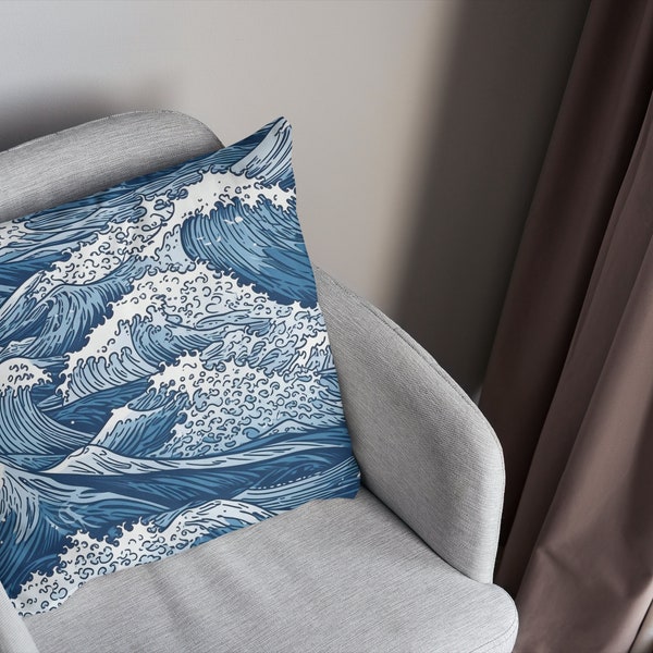 Coussin vagues océaniques - Motif nautique double face - 17x17" (43cm) en polyester 100% - Bleu marine indigo et blanc bord de mer