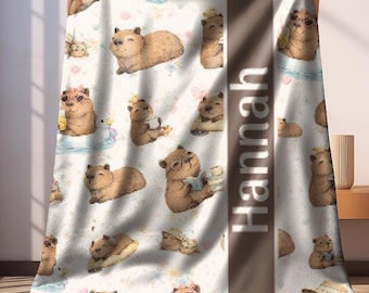 Personalized Capybara Blanket, Sherpa or Velveteen Fleece Throw, Cute Cozy Animal Blanket, Custom Name, Tween Girl Gift, Capybara lover gift