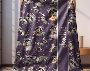Personalized Raccoon Blanket, Cute Teen Throw, Custom Raccoon Blanket, Cozy Fleece or Sherpa, Name Blanket, Kid Blanket, Tween Girl Gift