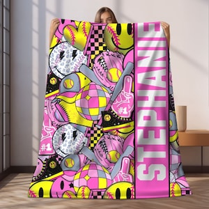 Personalized Softball Blanket with Name, Custom Softball Player Gift, Girls Softball Blanket, Team Gift, Birthday Christmas Gift