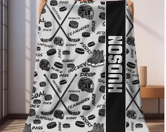 Personalized Hockey Blanket with Name, Custom Hockey Player Gift, Kids Sports Blanket, Team Gift, Birthday or Christmas Gift