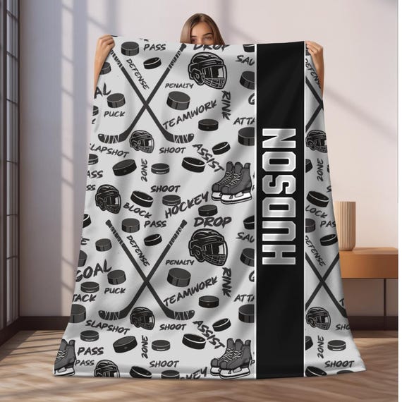 Personalized Hockey Blanket with Name, Custom Hockey Player Gift, Kids Sports Blanket, Team Gift, Birthday or Christmas Gift