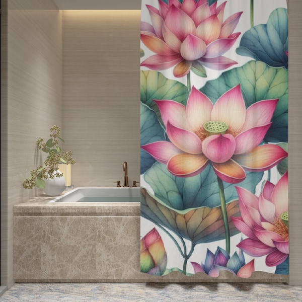 Pink Floral Shower Curtain, lotus flower design, waterproof and machine washable, cool house warming gift