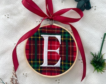 Personalised Tartan Plaid Christmas Bauble, Embroidered Initial Ornament, Plaid Tree Decoration, 4 inch Bauble, Customised Christmas 2025