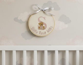 Personalized Baby Name Teddy Bear Embroidery Hoop Wall Art | Custom Nursery Teddy Bear Decor | New Baby Unique Gift for Girl/Boy Kids Room