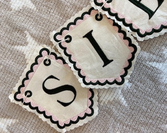 Scalloped Whimsical Name Bunting - Personalised Pink Green Letters Bunting - Customised Party Banners - Nursery Garland Decor - Play Room