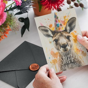 Carte d'anniversaire kangourou, carte de voeux imprimable A6, téléchargement numérique, impression numérique, PDF de haute qualité, aquarelle imprimable, aquarelle