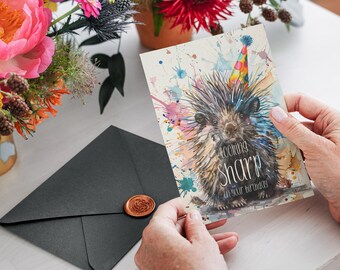 Karta urodzinowa Porcupine A6 do wydrukowania, karta z pozdrowieniami, pobieranie cyfrowe, wydruk cyfrowy, wysokiej jakości plik PDF, drukowana akwarela, akwarela