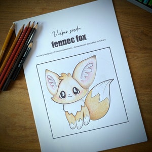 May include: A drawing of a fennec fox with large ears, colored in shades of tan, white, and peach, with the text "Vulpes zerda fennec fox". Colored pencils are visible on the left and top right of the image, suggesting a coloring book or art project.