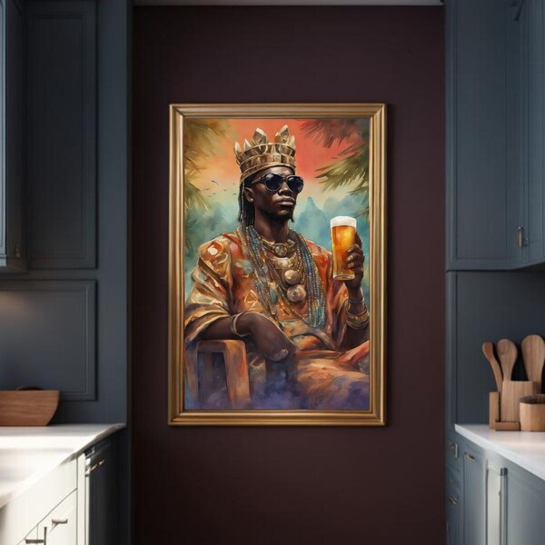 African King's Cheers: Koninklijk portret met bier - Culturele Majesteit Art Print - Uniek wanddecor voor een onderscheidende sfeer