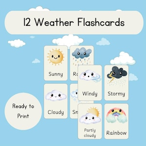 Flashcards météo | 12 types de météo | Ressource d'apprentissage précoce | Utilisation en classe ou à domicile | Modèle téléchargeable | Cartes à imprimer et à emporter