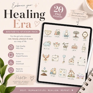 May include: Aesthetic sticker pack with the text "Healing Era" and 20 PNG stickers. The stickers feature various illustrations, including a tree, a heart, and a house. The pack is designed for digital planners and instant download.