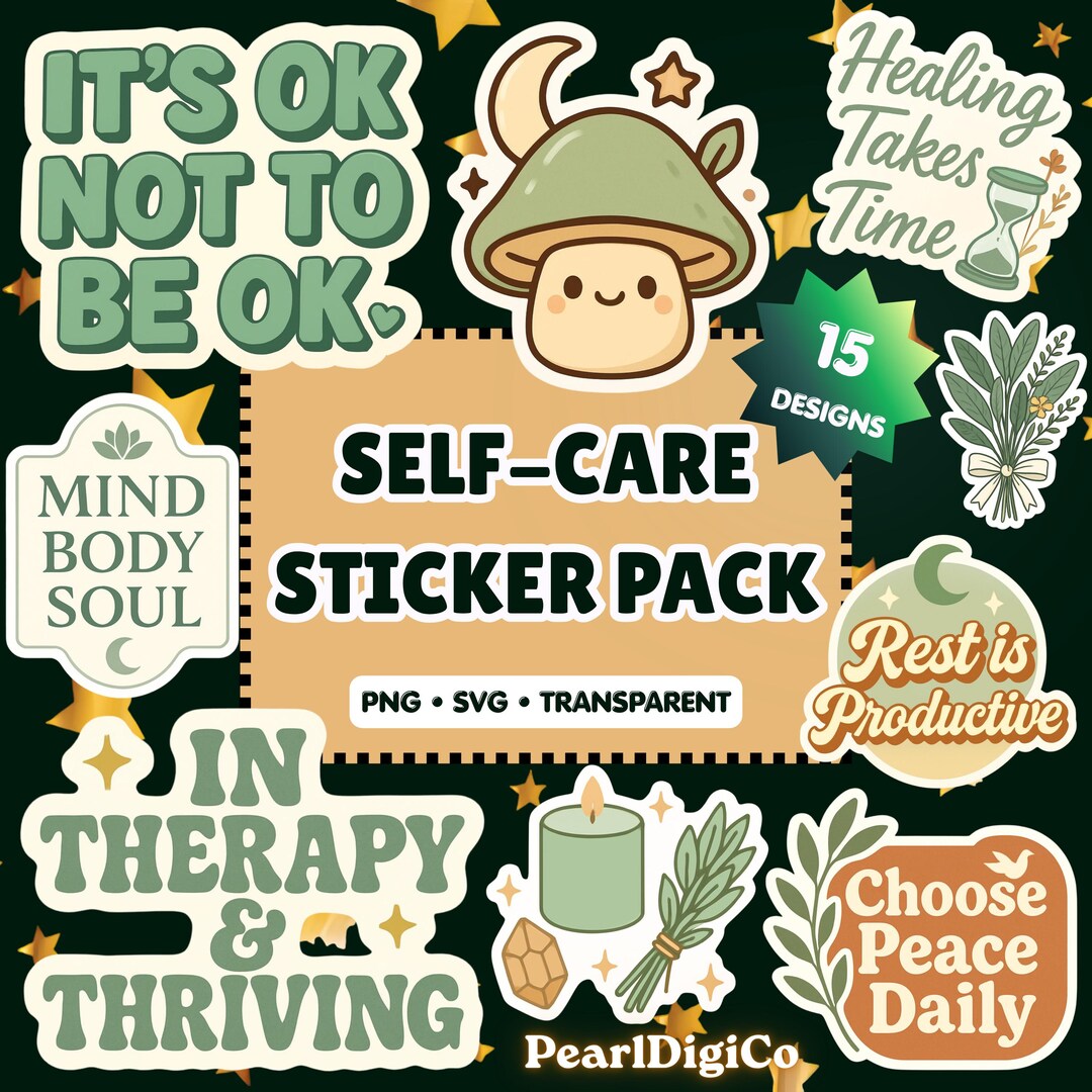 15 Self Care Mental Health Sticker Pack | Sage Green Wellness Stickers ...