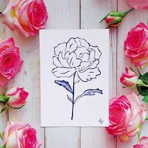 Arte de peonía impreso a mano: impresión floral en linóleo a partir de un bloque tallado a mano: arte botánico, scrapbooking, diario, tarjetas de felicitación