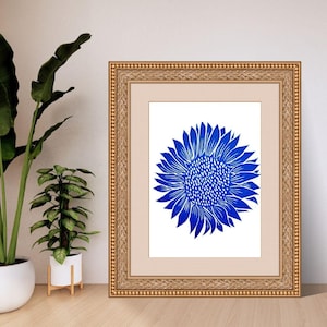 Sello digital de girasol: calcomanía imprimible y arte mural, póster botánico, descarga digital para decoración, diario, scrapbooking, impresión en tinta azul