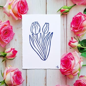 Art imprimé à la main de fleurs de tulipes - Impression linogravure originale à partir d'un bloc sculpté à la main - Art botanique, scrapbooking, journalisation, carte d'invitation