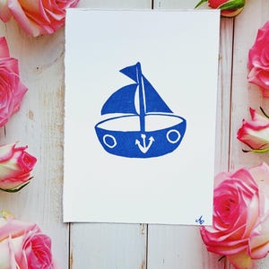 Boat Ship Hand-Printed Art – Decorative Linocut Print from Hand-Carved Block – Botanical Art, Scrapbooking, Journaling, Invitation Card
