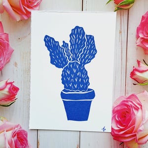 Arte de cactus impreso a mano: impresión en linóleo de tuna a partir de un bloque tallado a mano. Arte botánico, scrapbooking, diario, tarjeta de invitación.