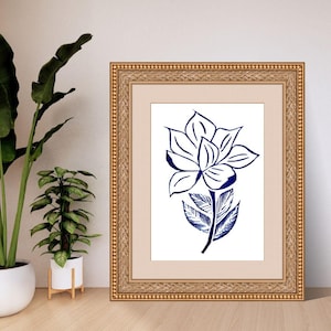 Blaue Blume – digitale, handgedruckte Kunst–Download Linoldruck, Botanische Kunst, Scrapbooking, Journaling, druckbare Aufkleber, Frühlingspflanzenposter
