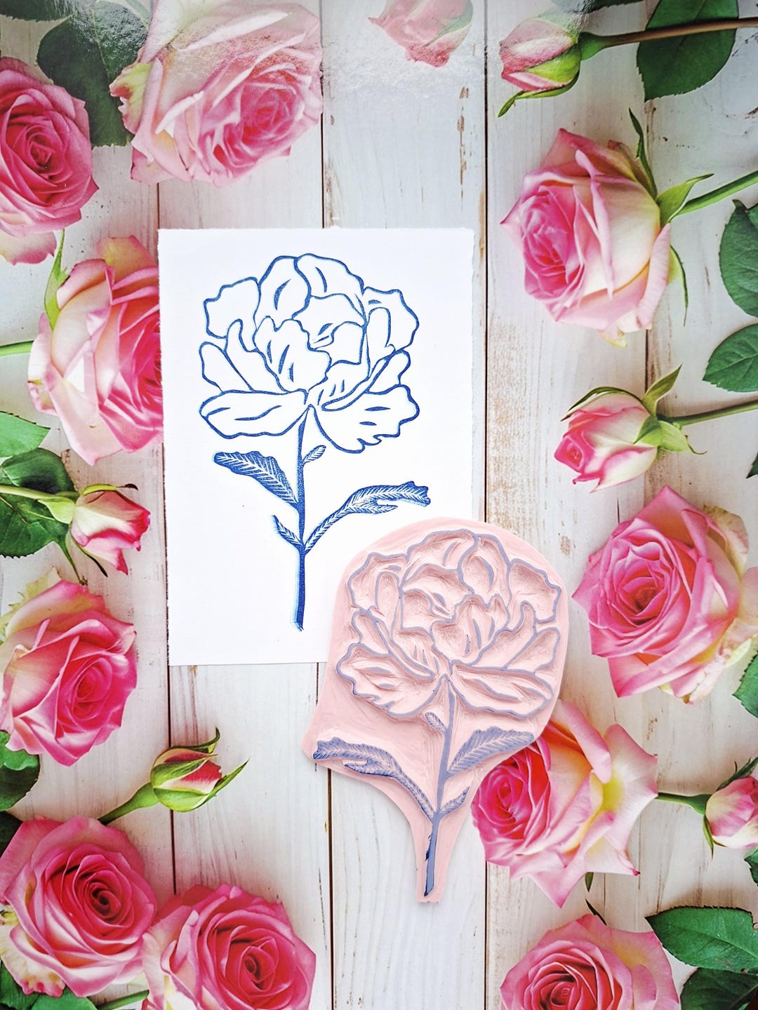 Peony Rubber Stamp Hand Carved, Large Botanical Stamp for Cardmaking ...