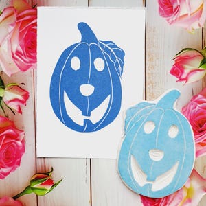 Jack-o-Lantern Pumpkin Rubber Stamp, Spooky Halloween Smiling Face Print, Hand Carved Fall Season Decor, Card Making Gift Wrap Craft Supply