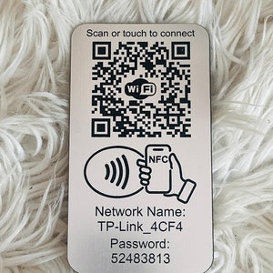 Custom laser etched Wifi Sign, NFC, QR code Network Information, Touch or Scan to Connect, Free Wifi Sign, Wifi Scanner Silver/Black