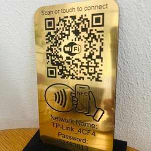 Custom laser etched Wifi Sign, NFC, QR code Network Information, Touch or Scan to Connect, Free Wifi Sign, Wifi Scanner Gold/Black