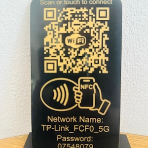 Custom laser etched Wifi Sign, NFC, QR code Network Information, Touch or Scan to Connect, Free Wifi Sign, Wifi Scanner Black/Gold