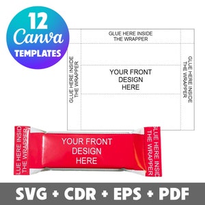 Pode incluir: Um modelo para um design de embalagem de barra de chocolate. O modelo inclui uma barra de chocolate vermelha e branca com o texto "Seu design frontal aqui" e instruções para colar a embalagem. O texto "12 modelos Canva" está em um círculo azul na parte superior esquerda da imagem.