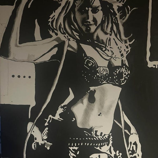 Nancy Callahan from Sin City (2005) played by Jessica Alba (Hand drawn black and white acrylic painting on canvas)