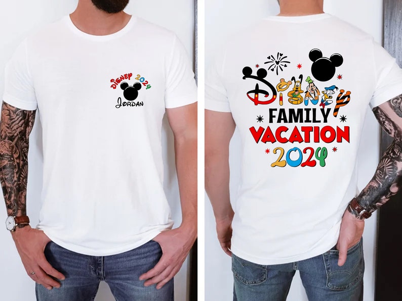 a man wearing a mickey mouse family vacation shirt