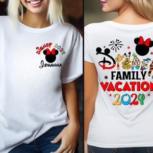 a woman wearing a mickey mouse family vacation t - shirt