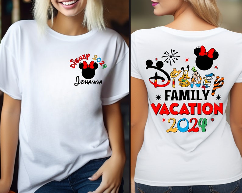 a woman wearing a mickey mouse family vacation t - shirt