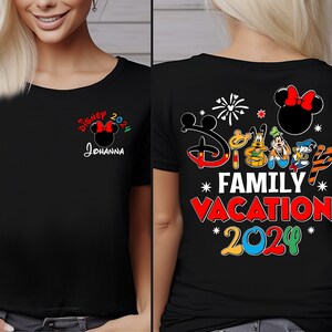 a woman wearing a mickey mouse family vacation t - shirt
