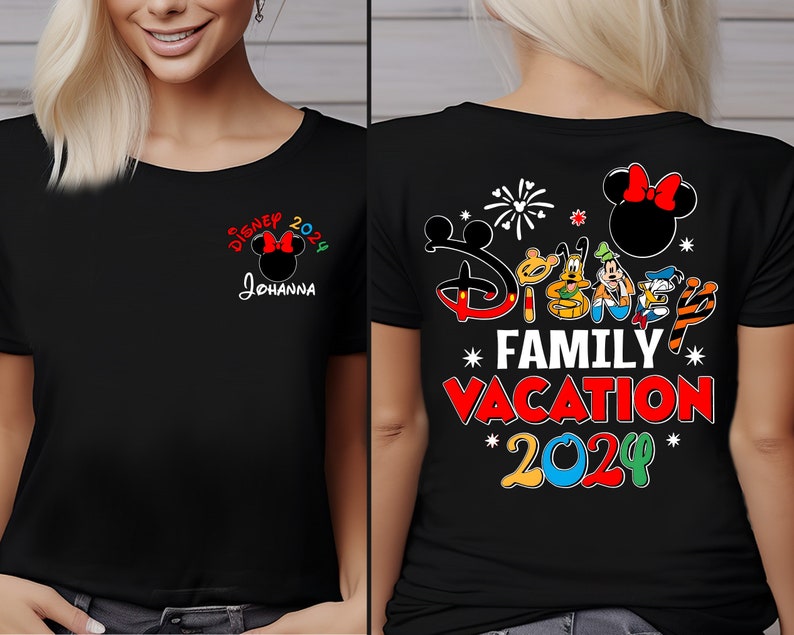 a woman wearing a mickey mouse family vacation t - shirt