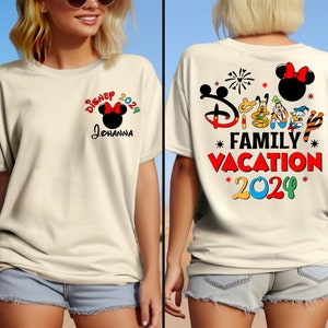 a woman wearing a mickey mouse family vacation shirt