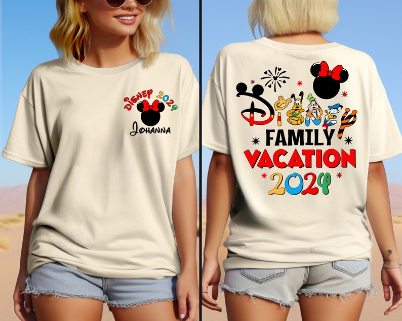 a woman wearing a mickey mouse family vacation shirt
