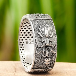 Sacred Lotus Ring - 925 Sterling Silver Swamp Flowers Band, Handmade Floral Spiritual Jewelry For Women and Mens Japanese or Hinduism Ring