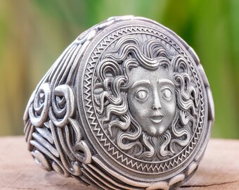 Medusa Signet Ring for Men, 925K Sterling Silver, Greek Mythology