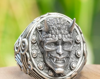 Oni Mask Sterling Silver Signet Ring, Japanese Demon Jewelry