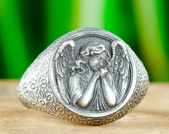 Winged Angel Sterling Silver Signet Ring, Christian Protection Jewelry