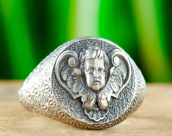Guardian Angel Sterling Silver Signet Ring, Christian Jewelry