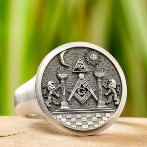 Mens Masonic Signet Ring - Freemason Pinky Signet, Mason Jewelry Gift, Handmade Masonry Ring for Man Unique Sterling Silver Cool Signet Gift