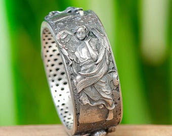 Sterling Silver Guardian Angel Ring, Religious Protection Band