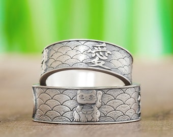 Sterling Silver Lucky Cat Ring, Japanese Kanji Love Band