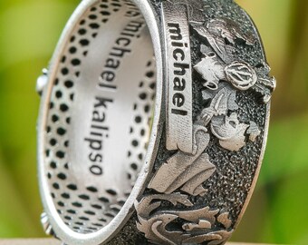 Bague écusson familial personnalisé - Bijoux héraldiques personnalisés en argent sterling