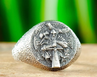 Viking Odin Signet Ring, Textured Sterling Silver, Nordic Jewelry