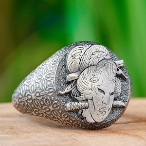 Namakubi Signet Ring - Sterling Silver Japanese Ring For Mens Gothic Ring - Jewelry Gift For Husband or Boyfriend - Geisha Rings For Dad