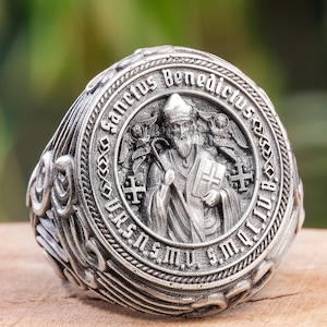Saint Benedict Silver Ring For Dad Husband Unique St Benedict Exorcism 925k Men Signet Ring Medal Cross Christian Religious Jewelry Gift Him